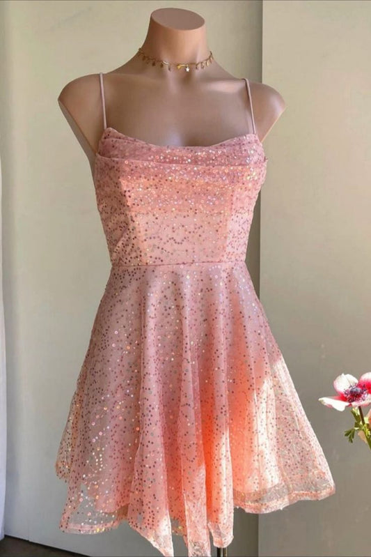 Cowl Neck Pink Sequined Tulle Short Party Dress Short Prom Dress    fg3655
