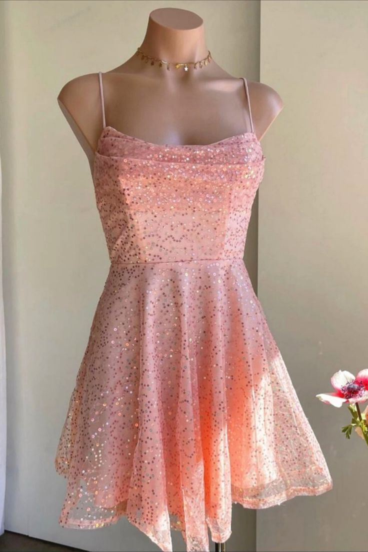 strapless open back dress Cowl Neck Pink Sequined Tulle Short Party Dress Short Prom Dress fg365 –  formalgowns