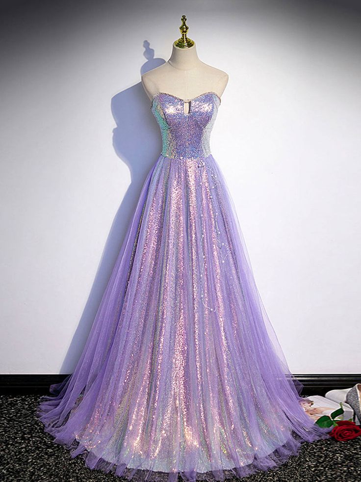 A line Purple Sweetheart Neck Tulle Long Prom Dress, Purple Evening Dress        fg4293