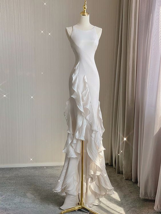 White Sheath Halter Backless Wedding Dress    fg3671