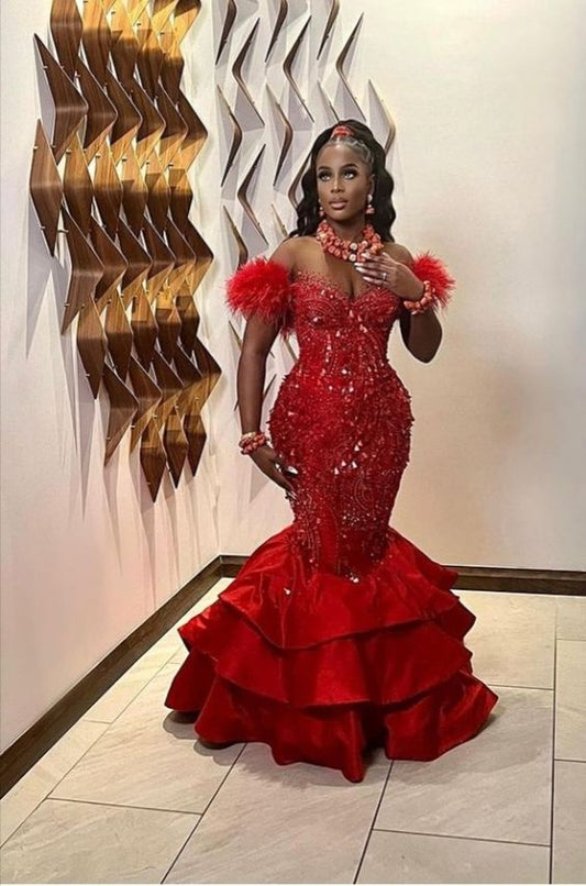 Luxury Red Mermaid Aso Ebi Prom Dresses Feathers Cap Sleeves Cryatals Beaded Tiered Ruffles Plus Size Women Evening Gowns         fg4249