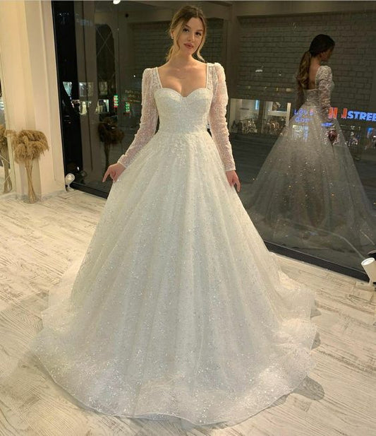 White Tulle A line Long Ball Gown Wedding Dress    fg3710