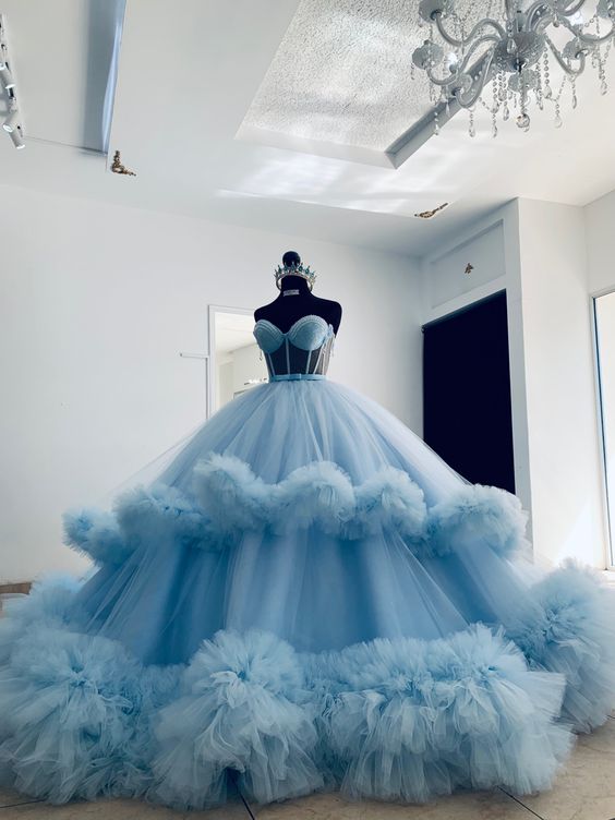 Puffy Ball Dress Blue Ruffled Tulle Prom Dresses Sweetheart Ball Gown ...