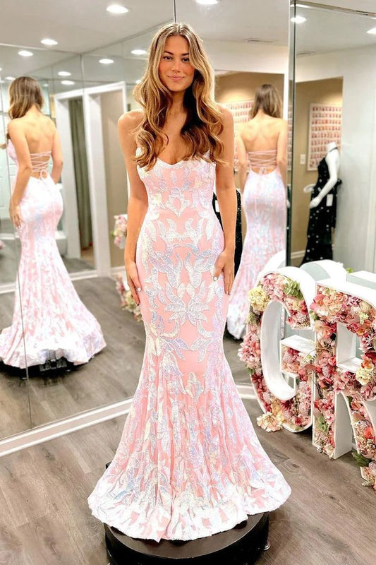 Cute Mermaid Scoop Neck Blush Pink Satin Prom Dresses with Sequins Lace       fg4320
