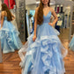 Blue Tulle Multi-Tiered A-Line Prom Gown       fg4144