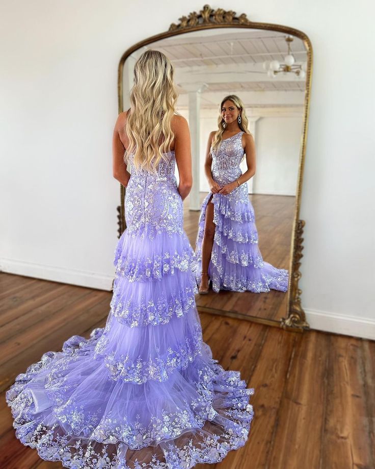 Robe de bal longue en tulle lavande, asymétrique, coupe trapèze, avec des applications scintillantes, fg3967