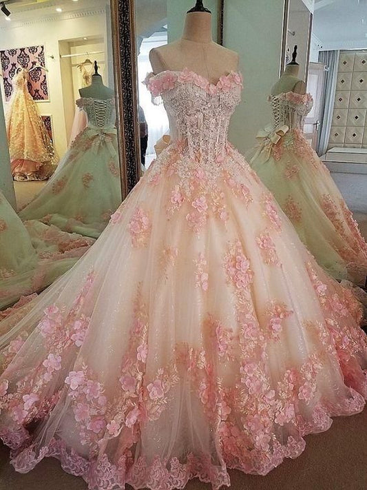 Sweet 16 Dresses Pink Lace Floral Prom Dresses Ball Gown Off The Shoulder Elegant Beaded Luxury Prom Gown        fg4334