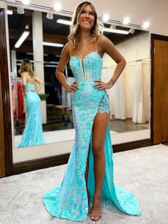 Mermaid / Trumpet Prom Dresses High Split Dress Formal Court Train Sleeveless V Neck Sequined with Slit Appliques      fg4291