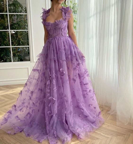 Purple v neck tulle long prom dress, light purple evening dress – shdress