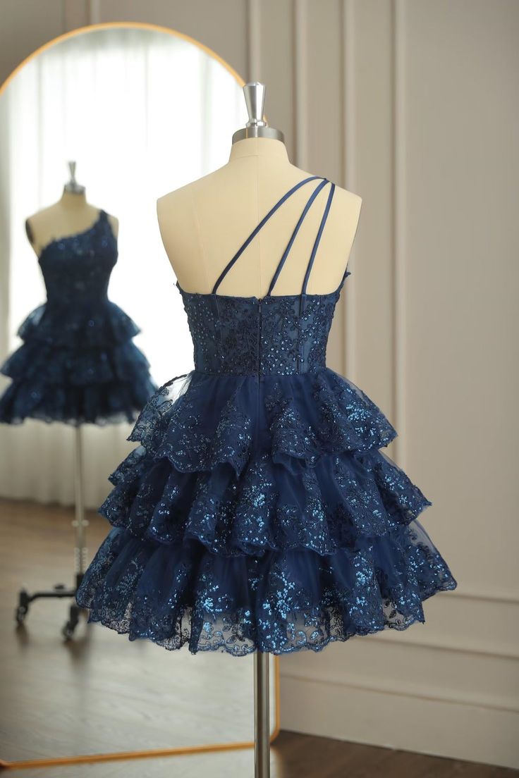 Dark Navy One Shoulder Appliques Multi-Layers Tulle Homecoming Dress f formalgowns Dark Navy One Shoulder Appliques Multi-Layers Tulle Homecoming Dress f formalgowns