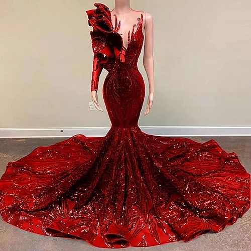 Mermaid / Trumpet Evening Gown Elegant Dress Engagement Court Train Long Sleeve One Shoulder Prom Dresses       fg3489