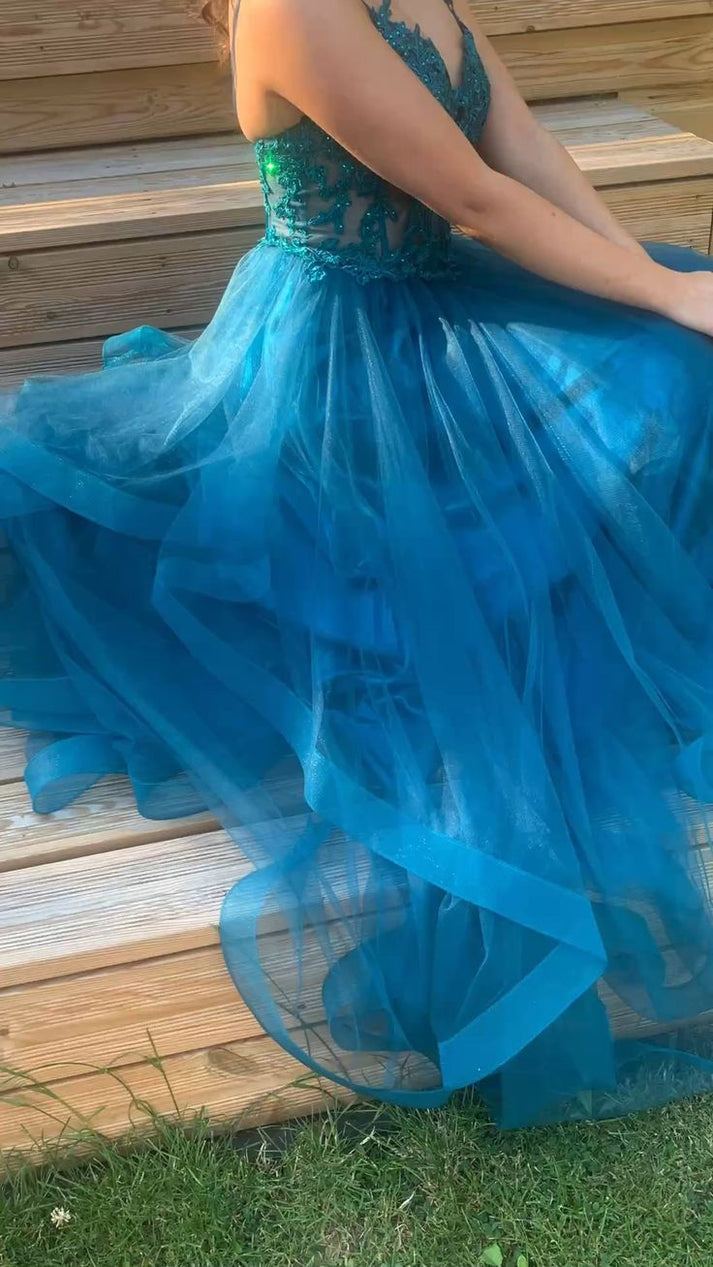 Sparkly A-line Spaghetti Straps V-neck Long Tulle Prom Dresses, PD1052