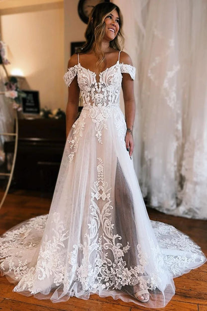 wedding dress lace beach and Chiffon with Illusion Bodice The ready Gorgeous A-Line Cold Sleeves Tulle