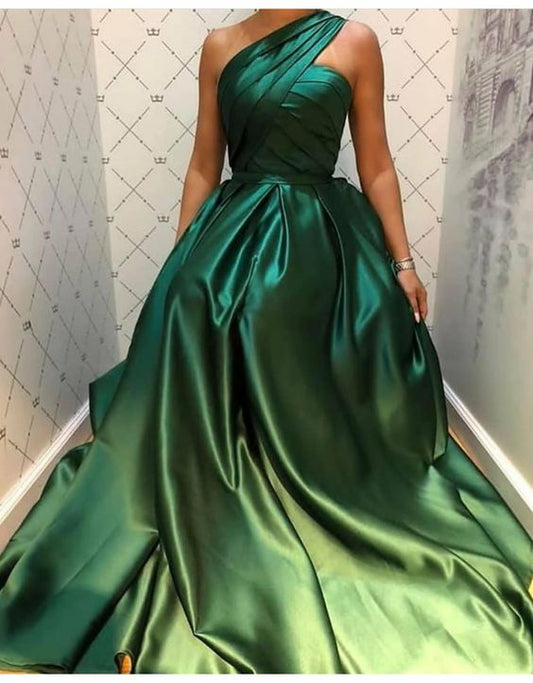 One Shoulder A Line Satin Emerald Green Formal Evening Dress,Prom Party Long Gown      fg4028