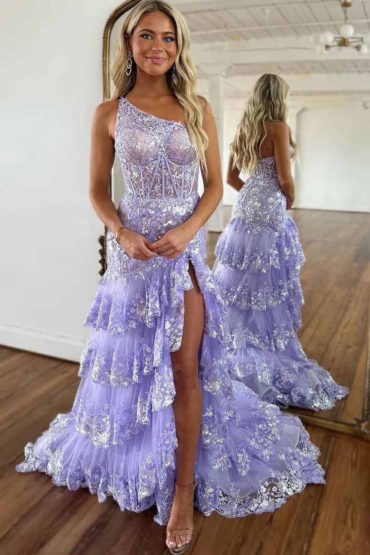 Robe de bal longue en tulle lavande, asymétrique, coupe trapèze, avec des applications scintillantes, fg3967