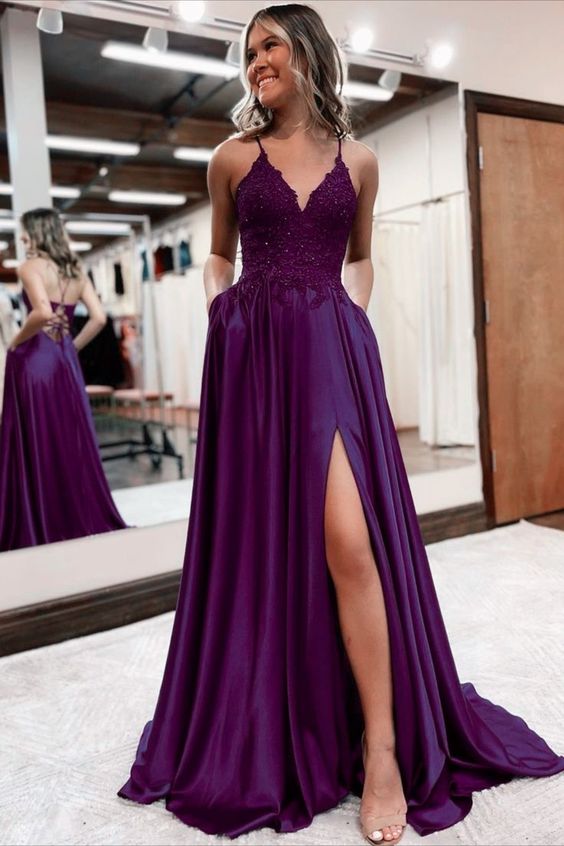 Elegant long a-line grape satin prom dresses v-neck split formal gown with lace appliques      fg3390