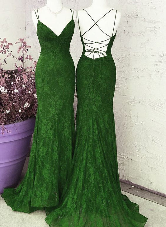 Green Lace Mermaid Straps Long Party Dress, Green Lace Wedding Party Dress     fg4280