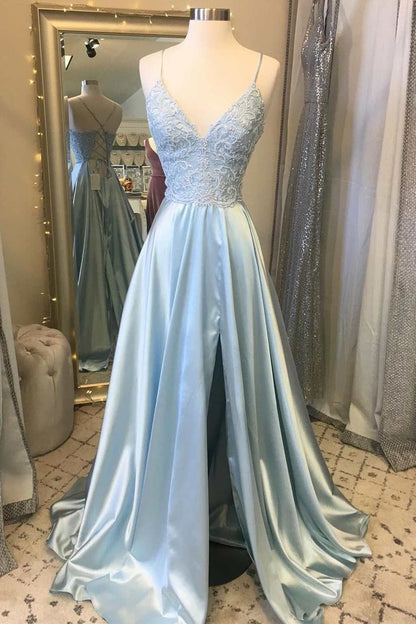 Light Blue Lace Lace-Up Back A-Line Prom Dress with Slit      fg3632