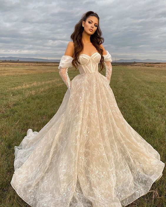 Stunning Lace Long Sleeves Wedding Dresses Off The Shoulder Sweetheart ...