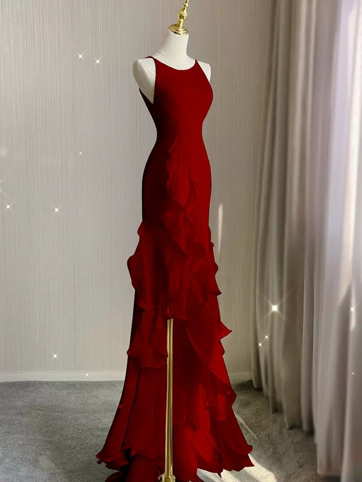 Mermaid Wisteria Ruffles Spaghetti Straps Floor-Length Sweetheart Stain Sleeveless Prom Dresses with Beadings main image 0