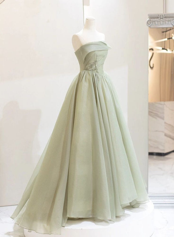 Sage Green Off the Shoulder Tulle Lace Prom Dress with Ruffles VK23111604
