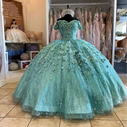 Mint Green Quinceanera Dresses with cape Floral Appliques Lace-up Back – formalgowns
