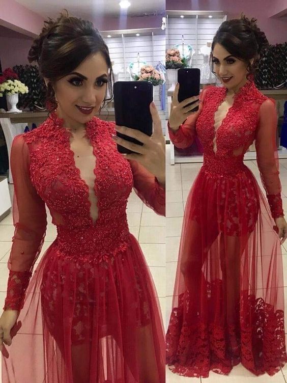 Red Lace Prom Dress Long Formal Dress fg4137 – formalgowns