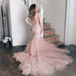 Sheer V-neckline Pink Mermaid Wedding Dress with Tulle Train     fg4090