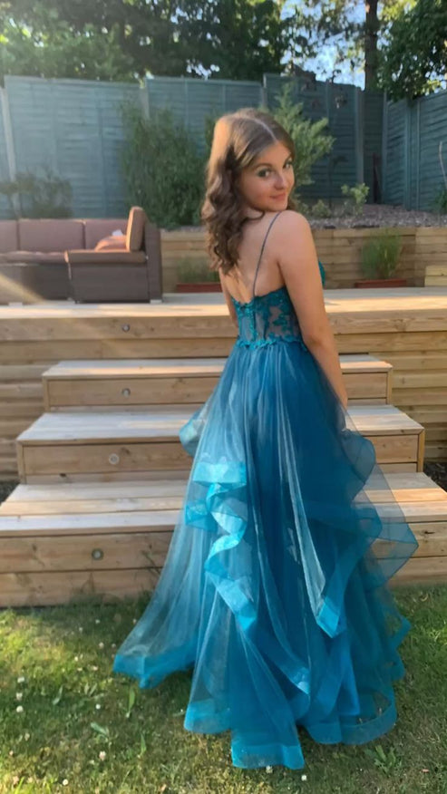 A Line Straps V Neck Tulle Prom Dresses with Beadings LBQ0638 main image 1