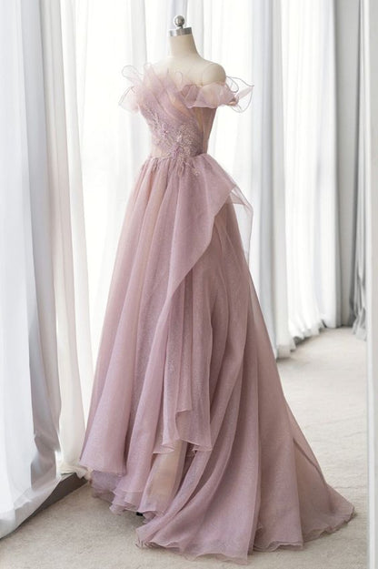Pink Tulle Long A-line Prom Dress, Lovely Off the Shoulder Evening Dress      fg4311