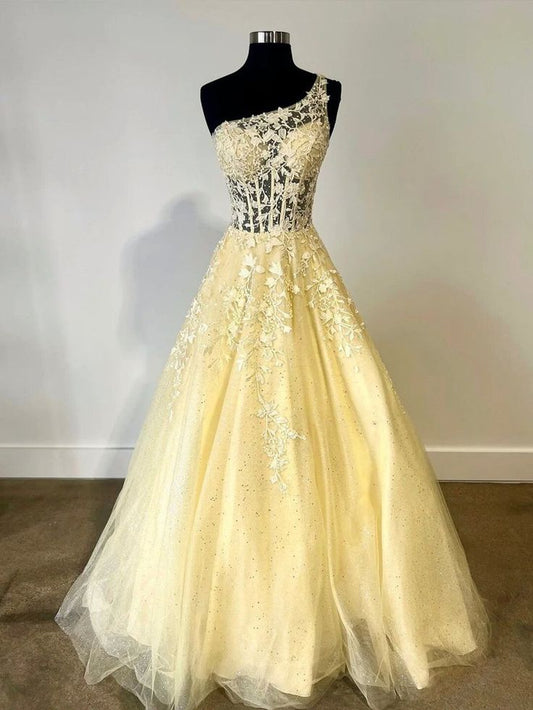 One Shoulder Yellow Lace Long Prom Dress, One Shoulder Party Dress Evening Dress      fg3933