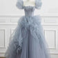 Gray tulle long prom dress A-line evening dress      fg3409