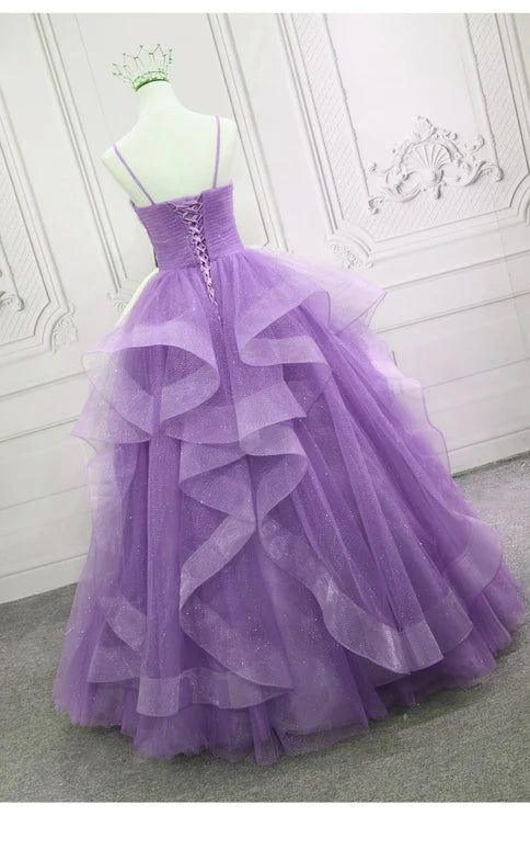 Gorgeous Purple Straps Layers Tulle V-neckline Long Evening Dress, Light Purple Prom Dresses     fg4168
