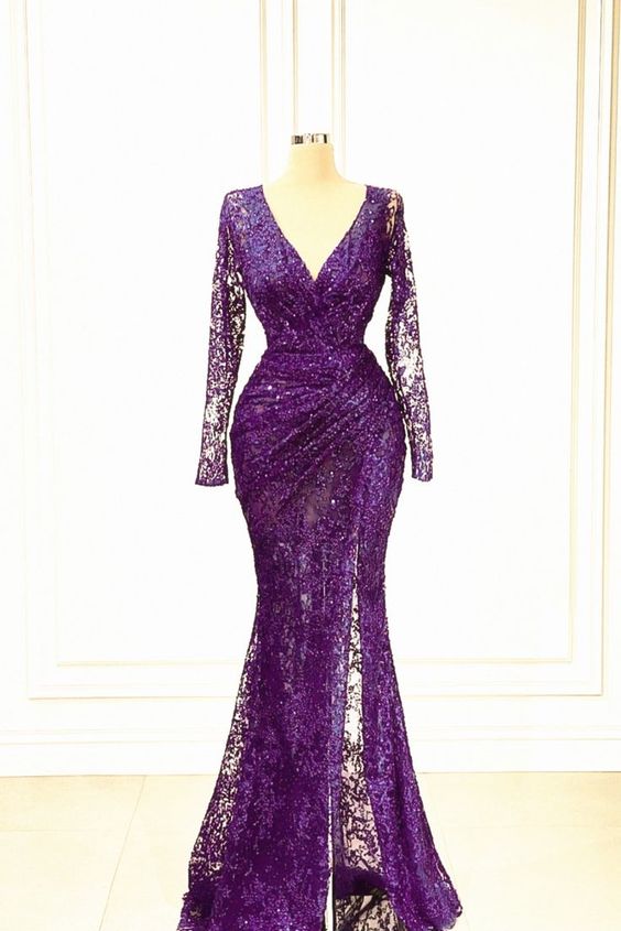 Mermaid Purple Lace Prom Dress V-neck Long Sleeves Formal Gown      fg4057
