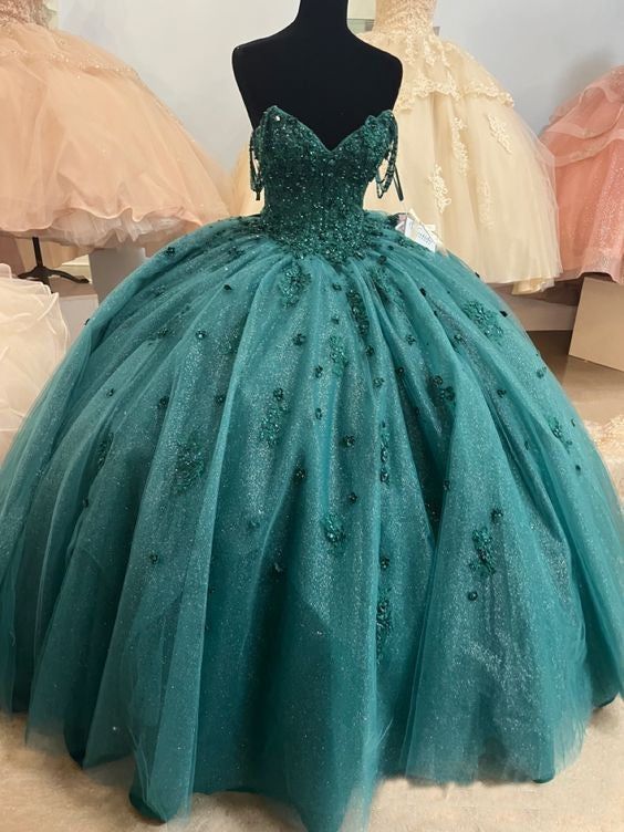 Ball Gown Beaded Quinceanera Dress Spaghetti Straps Emerald Green Quin formalgowns Ball Gown Beaded Quinceanera Dress Spaghetti Straps Emerald Green Quin formalgowns