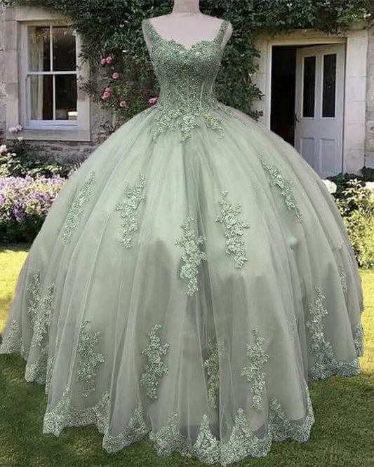 Sage Corset Ball Gown Appliques Tulle Prom Dress      fg3379