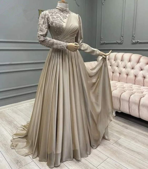 Long Appliques Full Sleeve Muslim Champagne Prom Dress High Neck Saudi Arabic A Line Evening Formal Party Gowns   fg1490