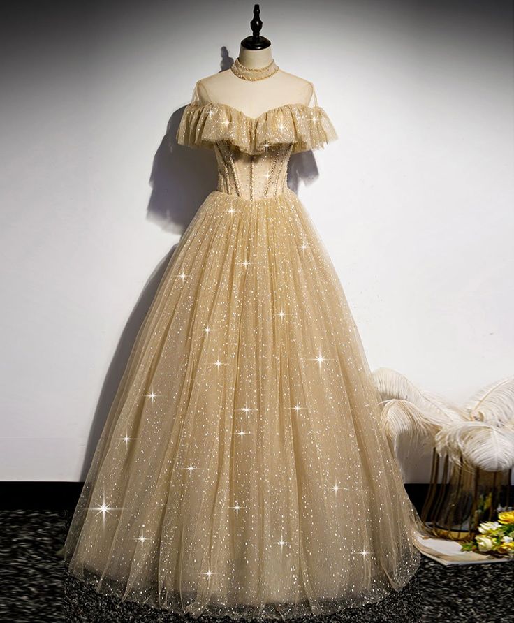 Gold Tulle Sequin Long Prom Dress, Gold Tulle Bridesmaid Dress fg4089 formalgowns Gold Tulle Sequin Long Prom Dress, Gold Tulle Bridesmaid Dress fg4089 formalgowns