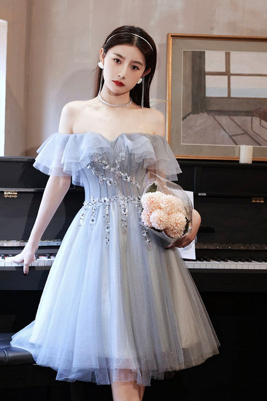 Gray tulle beads short prom dress party dress      fg3825