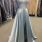 Robe de bal trapèze bleu clair en dentelle avec dos lacé et fente fg3632