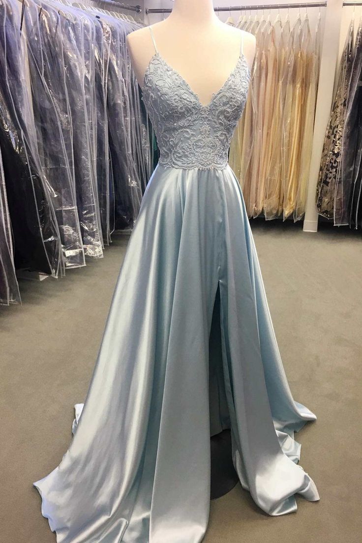 Light Blue Lace Lace-Up Back A-Line Prom Dress with Slit      fg3632