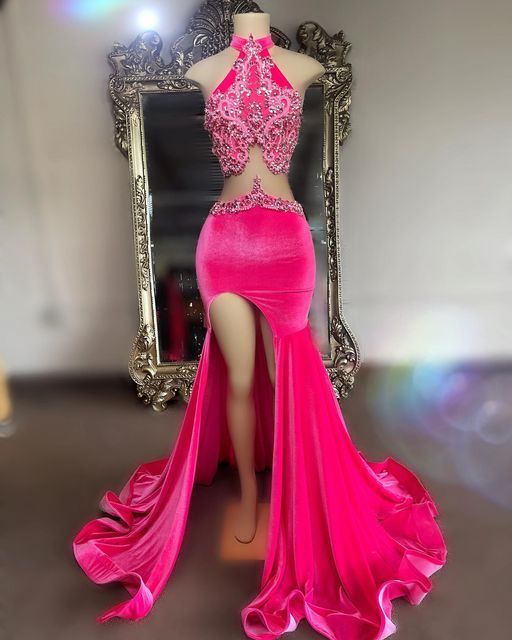 Long Sexy Prom Dresses 2023 African Black Girl Beaded Appliques Top Pink Mermaid Party Prom Gowns With High Slit      fg3631