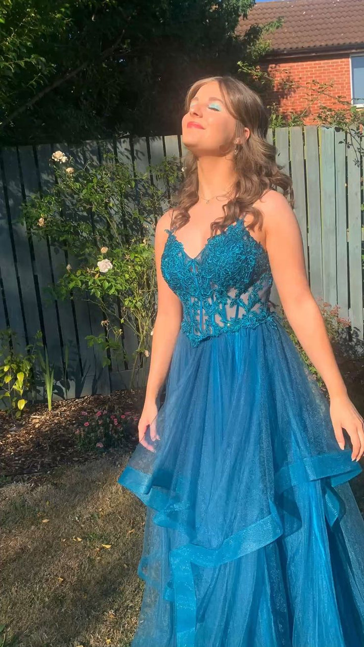 A Line Spaghetti Straps V Neck Tulle Appliques Prom Dress LBQ3814 main image 1