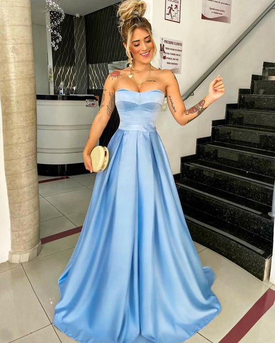 Light Blue Satin A-Line Prom Dresses for Girls Strapless Evening Dress formalgowns Light Blue Satin A-Line Prom Dresses for Girls Strapless Evening Dress formalgowns