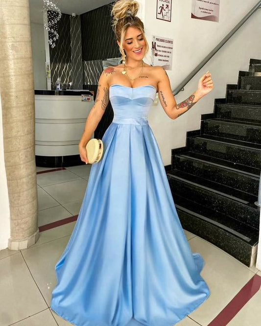 Light Blue Satin A-Line Prom Dresses for Girls Strapless Evening Dresses Long Party Gowns        fg4031