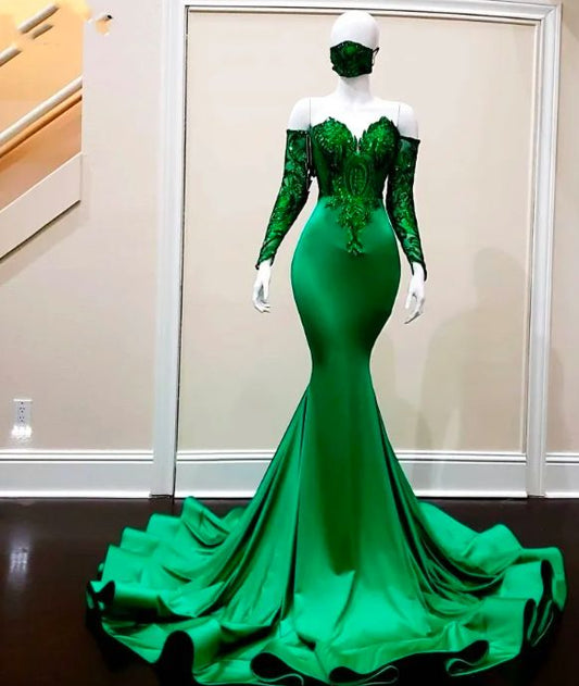 Elegant Green Mermaid Prom Dresses Sequin Applique Party Gowns Long Sleeves Evening Dress     fg4055