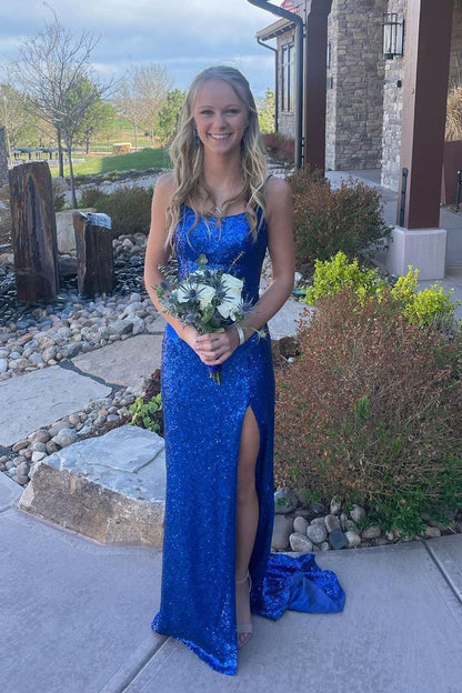 Cute Mermaid Scoop Neck Royal Blue Sequins Long Prom Dresses with Slit formalgowns Cute Mermaid Scoop Neck Royal Blue Sequins Long Prom Dresses with Slit formalgowns