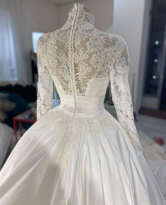 Wedding Dress 3D Flowers Pearls High Neck Lace Dresses Bridal Long Sleeve Ball Gowns For Women Ivory Muslim Engagement       fg4043