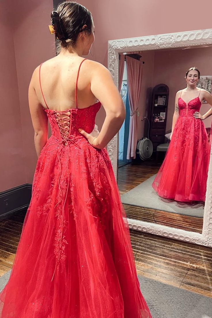 Red A-Line Corset Lace Long Prom Dress     fg3840