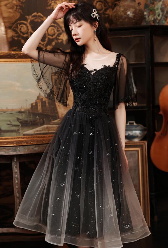 Black Short Sleeves Gradient Tulle And Lace Party Dress, Lovely Black Formal Dresses Bridesmaid Dress      fg3699